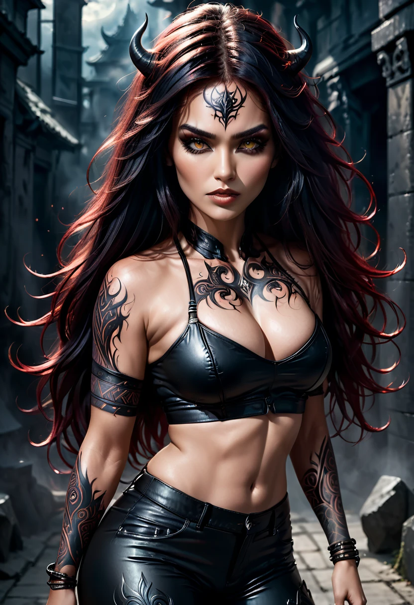 hyper-realistic fantasy portrait of a , confident stunningly beautiful female demon warrior with long, flowing hair that transitions from red at the roots to dark black at the tips. She has intricate, full-body tattoos featuring a menacing, snarling beast across her midsection and detailed, tribal designs on her arms. She wears a minimalistic leather outfit that highlights her toned physique and tattoos, with a cropped top and dark, formfitting strappy pants. The figure exudes a strong, commanding presence with a subtle smirk and intense gaze. Add small, curved horns emerging from her head, blending seamlessly with her hairstyle. The background is dark and shadowy, focusing the attention on her, with a hint of an otherworldly glow accentuating her features, giving the image a gritty yet mystical fantasy vibe