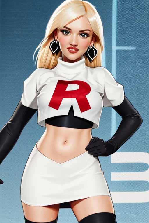 The face of Gwen stefani, 1girl, solo, team rocket,team rocket uniform,white skirt,red letter R,crop top,black thigh-highs,black elbow gloves, earrings, large breasts,