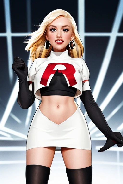 The face of Gwen stefani, 1girl, solo, team rocket,team rocket uniform,white skirt,red letter R,crop top,black thigh-highs,black elbow gloves, earrings, large breasts, 