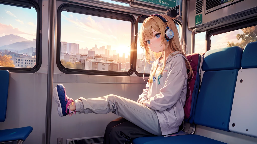 Create a girl with headphones listening to music sitting on a bus. That in the bus window you can see a beautiful landscape with a sunny atmosphere. Put on some wide pants with colorful sneakers