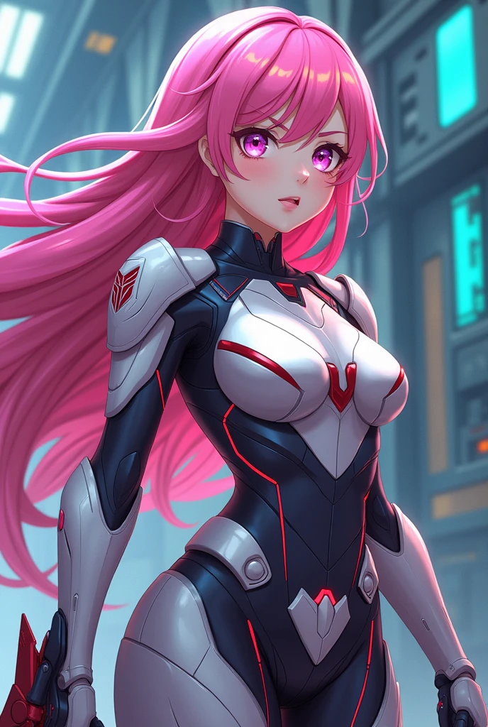 Create an anime character with these characteristics, She is a young girl. She has long pink hair and her eyes are also pink.. she has big breasts. Belongs to the Autobots Elite Guard