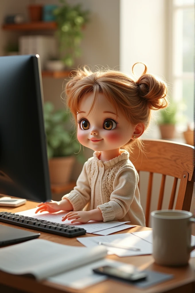 Smiling doll working on computer with papers on desk