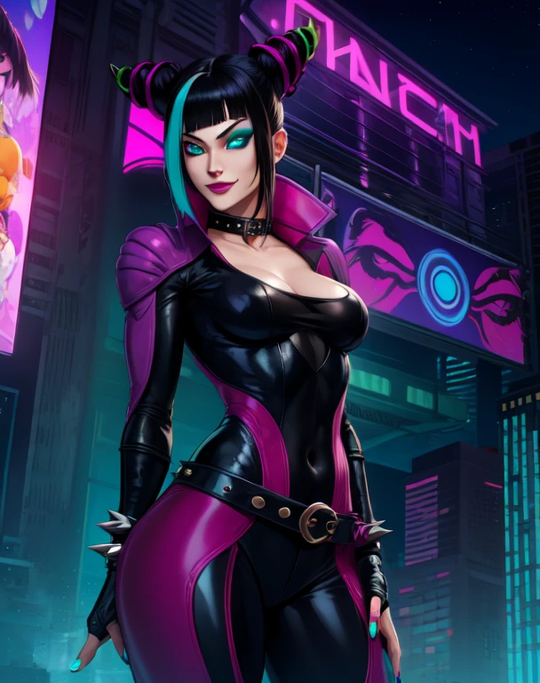 Juri , black hair,two-tone hair, hair horns, bangs, multicolored hair,streaked hair, makeup, lipstick  
fingerless gloves,multiple belts, collar, spiked bracelet, aqua nails, chaps, baggy pants,toeless legwear, 
standing, upper body, evil smile, 
night club,
(insanely detailed, beautiful detailed face,beautiful detailed eyes, masterpiece, best quality) , solo,