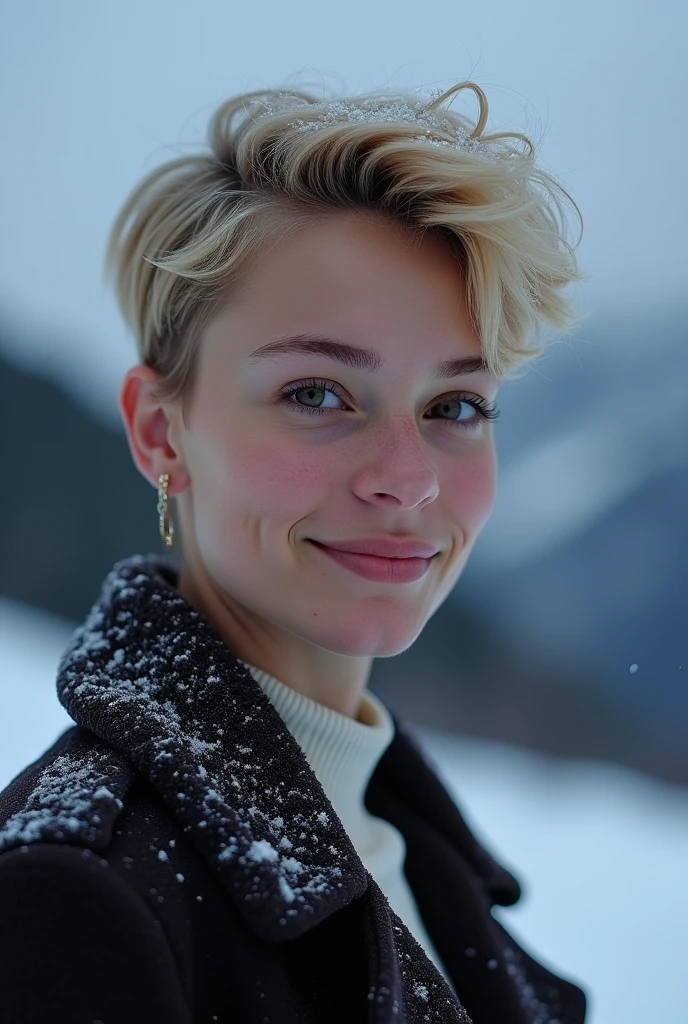 nuit, real mountain scenery, White snow, photographie originale, (((Très beau portrait))), (Très beau portrait))), 1 fille, fille sexy 2, celebrity ((Cheveux courts blond naturel)), [Brown eyes],Regarder la caméra avec un doux sourire(Low-cut), ((head of&#39;artwork, best quality, ultra detailed, Cinema lighting, intricate details, HD, 8k, very detailed)), detailed context, 8K  UHD, digital reflex camera, soft lighting, high quality, grain de film, FUJIXT3, shallow depth of field, natural light, visage parfait