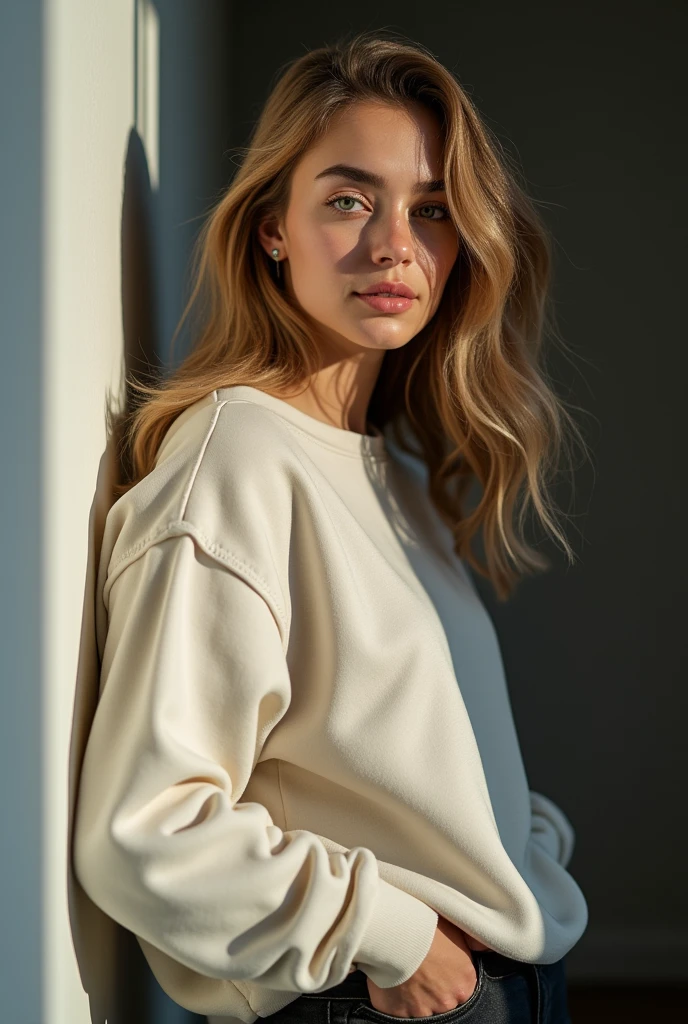 A hyper-realistic, close-up profile shot of a 19 years Argentinian girl with light-colored, slightly wavy hair that frames her face. She has striking green eyes, clear and slightly sun-kissed skin, and subtle, natural makeup. Standing 1.65 meters tall, she has a curvy figure, weighing approximately 70 kilograms, with medium-large bust, a small waist, and medium-large hips. She is dressed in a cozy, oversized sweatshirt that falls just below her hips and form-fitting black jeans that accentuate her curves. The lighting is soft and natural, highlighting the textures of her clothing and the smoothness of her skin, with attention to every detail to create an ultra-realistic, lifelike appearance. ultra realistic