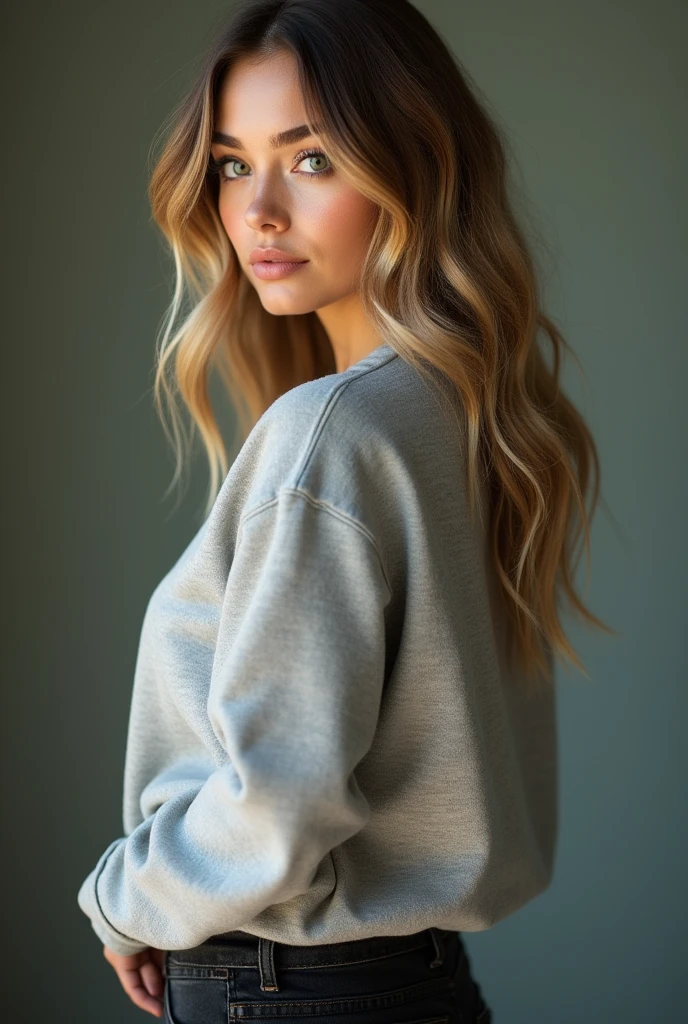 A hyper-realistic, close-up profile shot of a 19 years Argentinian girl with light-colored, slightly wavy hair that frames her face. She has striking green eyes, clear and slightly sun-kissed skin, and subtle, natural makeup. Standing 1.65 meters tall, she has a curvy figure, weighing approximately 70 kilograms, with medium-large bust, a small waist, and medium-large hips. She is dressed in a cozy, oversized sweatshirt that falls just below her hips and form-fitting black jeans that accentuate her curves. The lighting is soft and natural, highlighting the textures of her clothing and the smoothness of her skin, with attention to every detail to create an ultra-realistic, lifelike appearance. ultra realistic