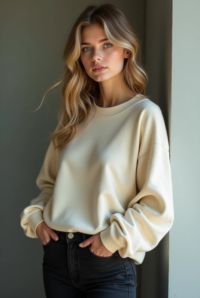 A hyper-realistic, close-up profile shot of a 19 years Argentinian girl with light-colored, slightly wavy hair that frames her face. She has striking green eyes, clear and slightly sun-kissed skin, and subtle, natural makeup. Standing 1.65 meters tall, she has a curvy figure, weighing approximately 70 kilograms, with medium-large bust, a small waist, and medium-large hips. She is dressed in a cozy, oversized sweatshirt that falls just below her hips and form-fitting black jeans that accentuate her curves. The lighting is soft and natural, highlighting the textures of her clothing and the smoothness of her skin, with attention to every detail to create an ultra-realistic, lifelike appearance. ultra realistic