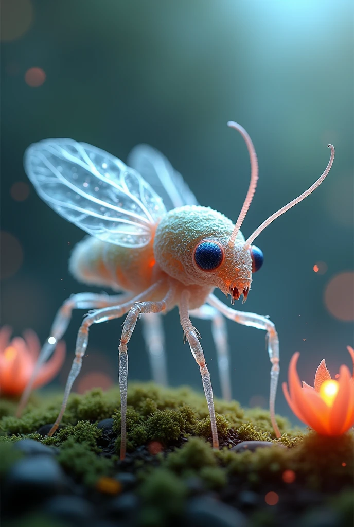 Meta tested - Generate a detailed image of a fantastical creature, resembling a hybrid of a virus and bug , with a translucent body. Place this creature in a miniature world, The overall atmosphere should be dreamy and magical, with a bokeh background that emphasizes the tiny, enchanting details of the creature and its surroundings. The style should combine elements of hyper-realism and fantasy, capturing the delicate textures and vibrant colors with stunning clarity