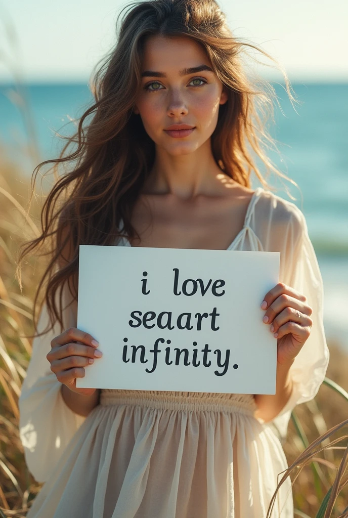 Beautiful girl with wavy long hair, bohemian dress, holding a white board with text "I Love Seaart Infinity" and showing it to the viewer