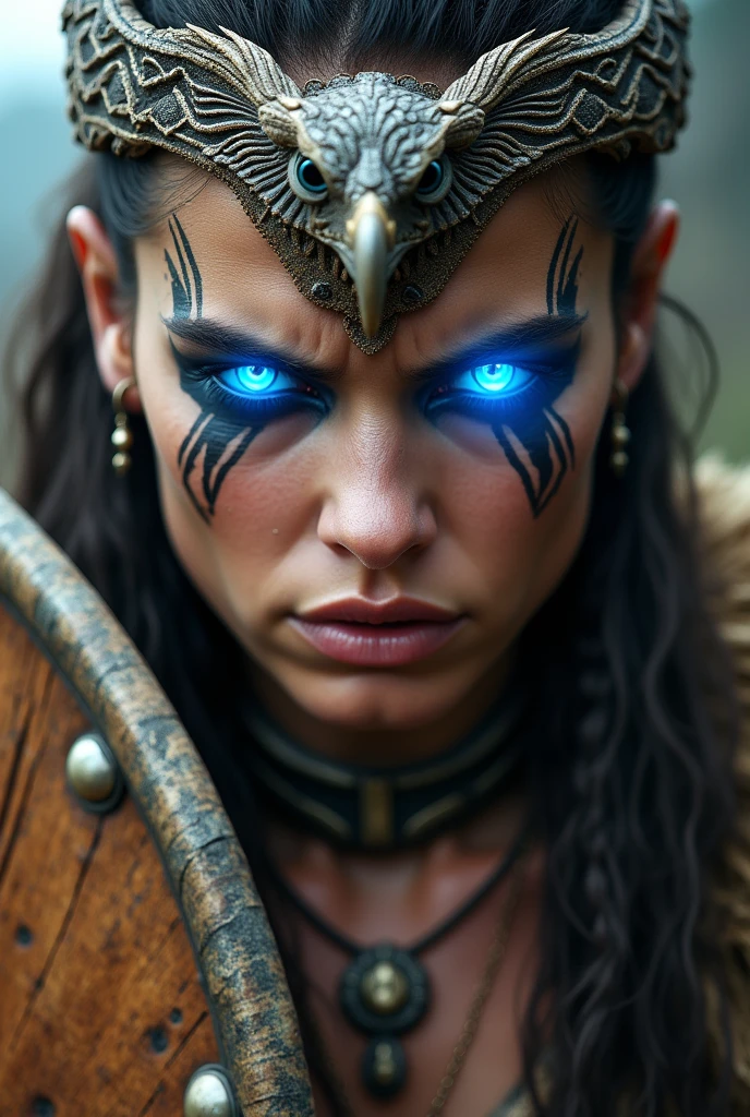 Close up face beautiful viking woman, wooden shield in hand , strong blue light in the eyes, eagle crown , tribal design on the eyes, Angry, bone ornaments on the neck, leather armor, focused