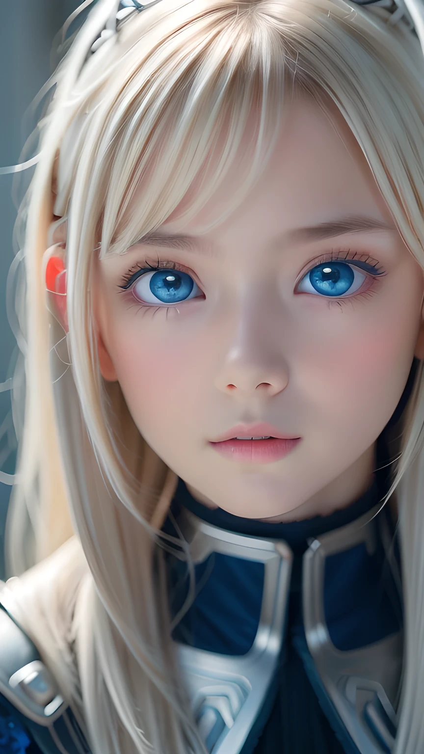 Highest quality、8K masterpiece、Ultra-high resolution、(Realistic:1.3)、RAW Photos、 Scandinavian girl with shiny blonde hair、Silvery blonde hair、Super long straight hair、Bangs between the eyes、Bangs that fall over the eyes、Bangs over one eye、Bangs between the eyes、White and glowing skin、1. Cyberpunk Super Beautiful Soldier、((Ultra-Realistic Details))、Portraiture、Global Illumination、Shadow Realm、Octane Rendering、8k、Ultra Sharp、metals、Cool colors、、Very intricate details、Realistic Light、Trends of the CG Association、Very beautiful big bright blue eyes、Very big eyes、Eyes shining at the camera、Neon Details、Small Face Beauty、Round face、Highlights of cheek luster、eyeliner