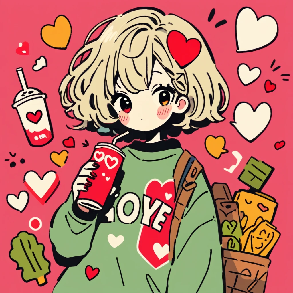 Mika Picasso style, Simple line initials,Abstract art,Urban Background, Colorful Hearts ,(((The most beautiful girl of all time))), Cute Face. Lips in Love, Drink tapioca milk tea、View the viewers, Scatter almonds on the background