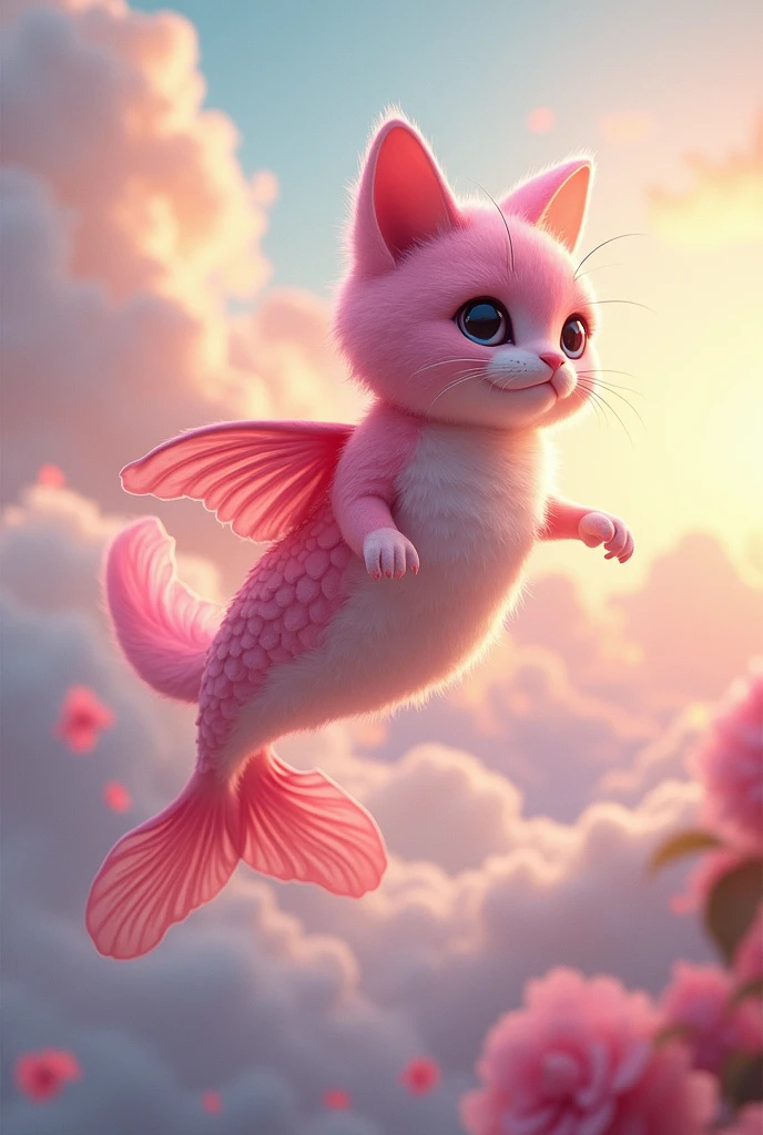 draw a pink cat with a fish body that flies
