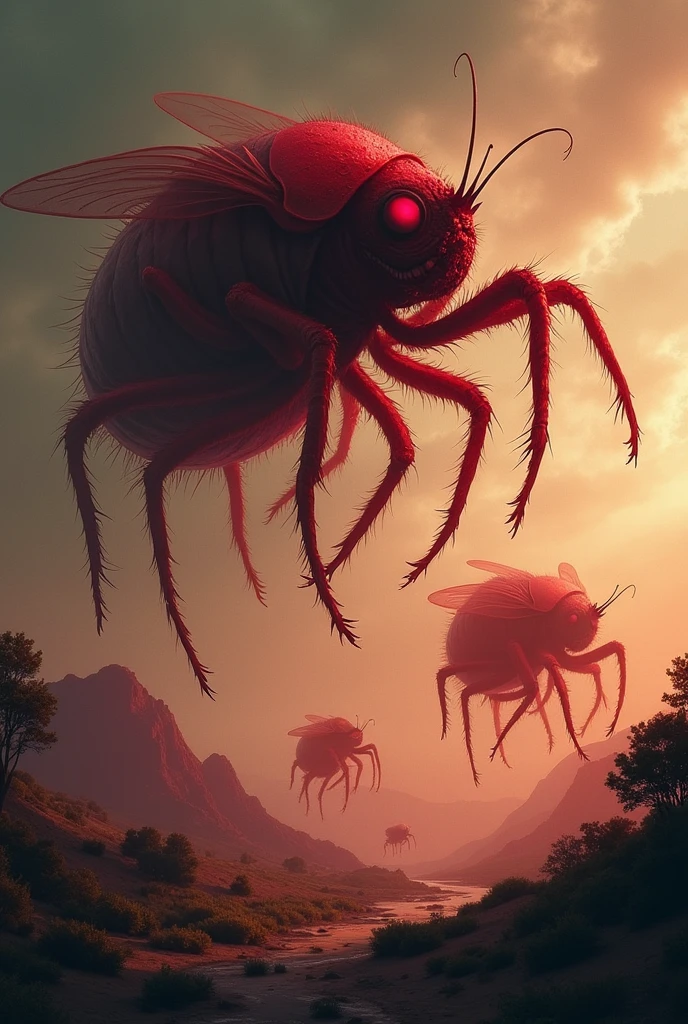 giant grotesque dark red flea-like creatures jumping high above California, nightmare
