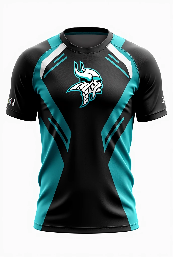 Black turquoise and white short sleeve volleyball uniform with Vikings logo