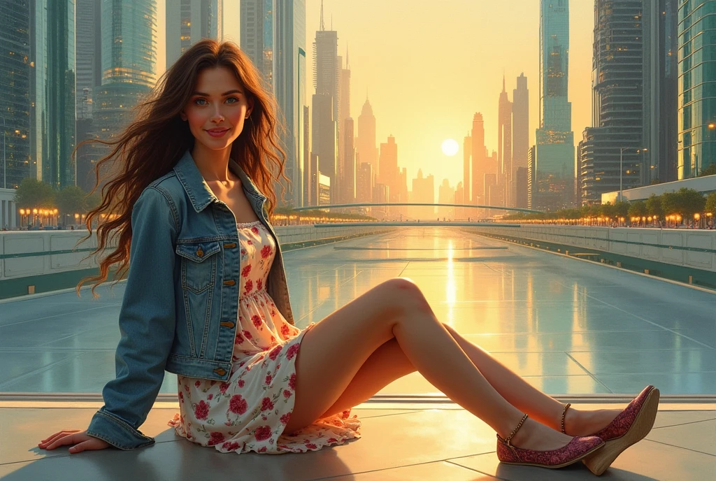 A detailed acrylic art style of beautiful AMERICAN woman with brown hair, little smile, wearing flowered dress, denin jacket, beige tights, wedges shoes, sitting on the floor, futuristic city made of glass scenario, golden hour