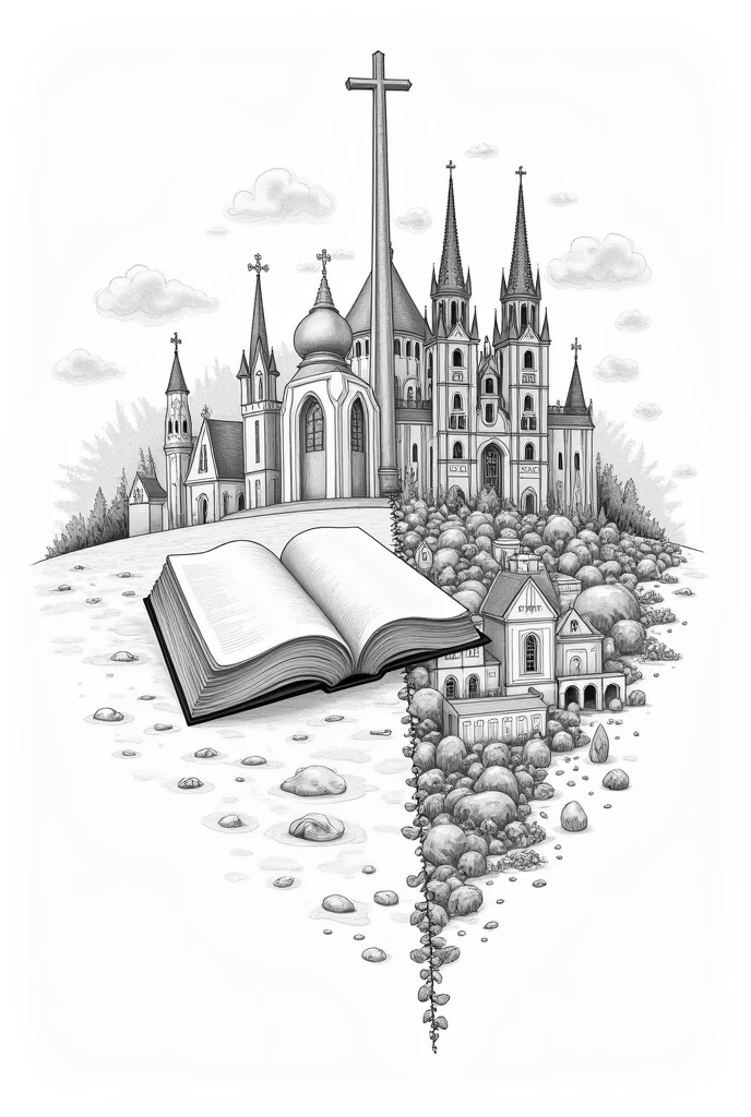 Create an image of the reformation and counter-reformation for me to recreate by drawing it easily and simply in black and white. Make it easier and not with many people and only with things that represent it, such as the church and such. Make it half reformation and half counter-reformation. 