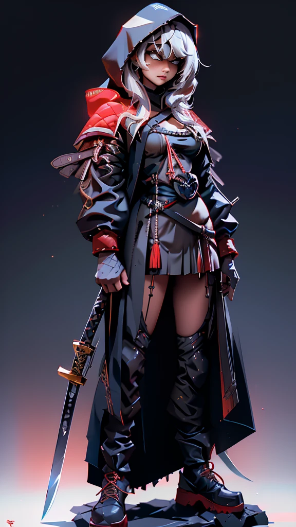 envision a 8k, highres, cinematic, beautiful full body concept art design of a ninja girl with pretty features posing dynamically with a katana, ((surrounded by deep red magical energy outlined by a red light)), with white multicolored hair, a white camisole, black jacket with hood up with light armor plates, red pleated skirt, thigh high boots, knives, daggers, kunai, tech accessories, guns, katana's on her back, black eye mask with white eyes , in dark lighting, against a dark gray background