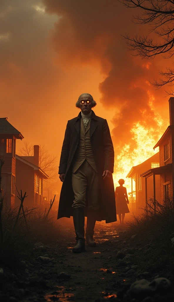 Character George Washington, setting: The village was destroyed, The house is on fire. Black creatures, Shadow Specter, Amber Eyes, Conceptual Art, Cinema Lighting, Cast a Shadow, Diffraction Spikes, Ultra Wide Angle, Hasselblad, Ultra-high resolution, masterpiece, Anatomically correct, 1080P, 4K, 8k, Highest quality