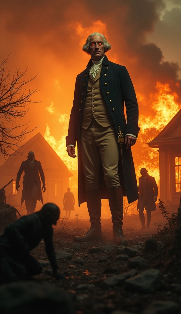Character George Washington, setting: The village was destroyed, The house is on fire. Black creatures, Shadow Specter, Amber Eyes, Conceptual Art, Cinema Lighting, Cast a Shadow, Diffraction Spikes, Ultra Wide Angle, Hasselblad, Ultra-high resolution, masterpiece, Anatomically correct, 1080P, 4K, 8k, Highest quality