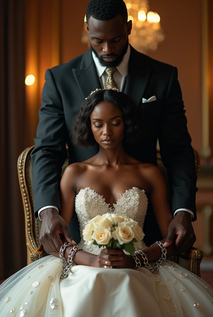 African bride, seated in a luxurious wedding dress, holding a bouquet, her wrists bound with chains that rest heavily on her lap. Behind her stands a tall, imposing African man in a suit jacket, his presence dominating. His gaze is fixed on her, exuding control and authority. The contrast ween her delicate, seated form and the powerful figure behind her creates an intense atmosphere of tension, captivity, and restrained emotion, hyper realistic beautiful photography"