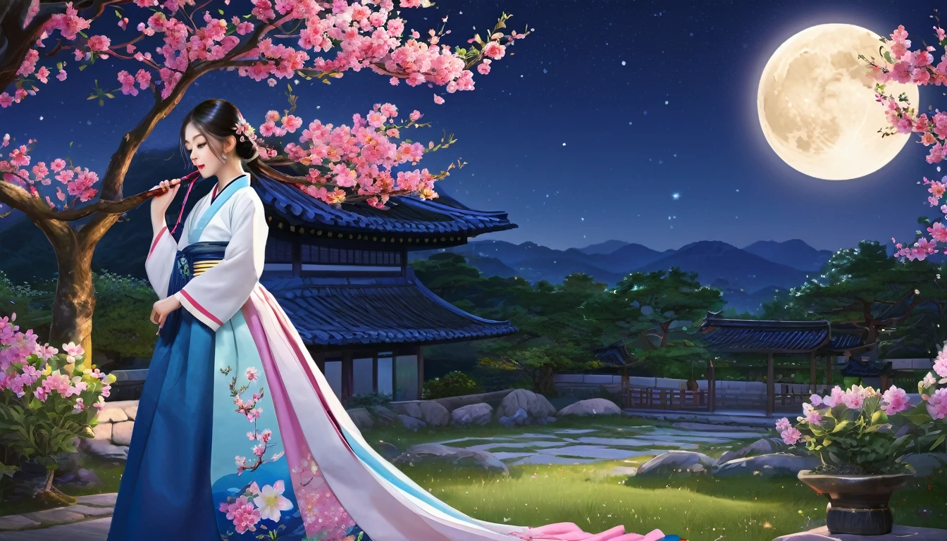 Highest quality, expensive_solve, clear_image, Detailed Background ,girl, Hanbok,flower,garden,moon, night,