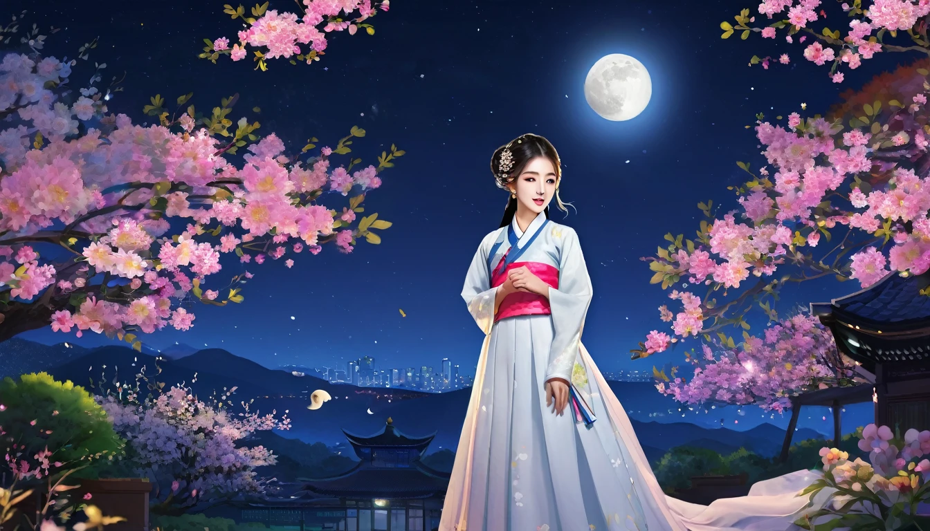Highest quality, expensive_solve, clear_image, Detailed Background ,girl, Hanbok,flower,garden,moon, night,
