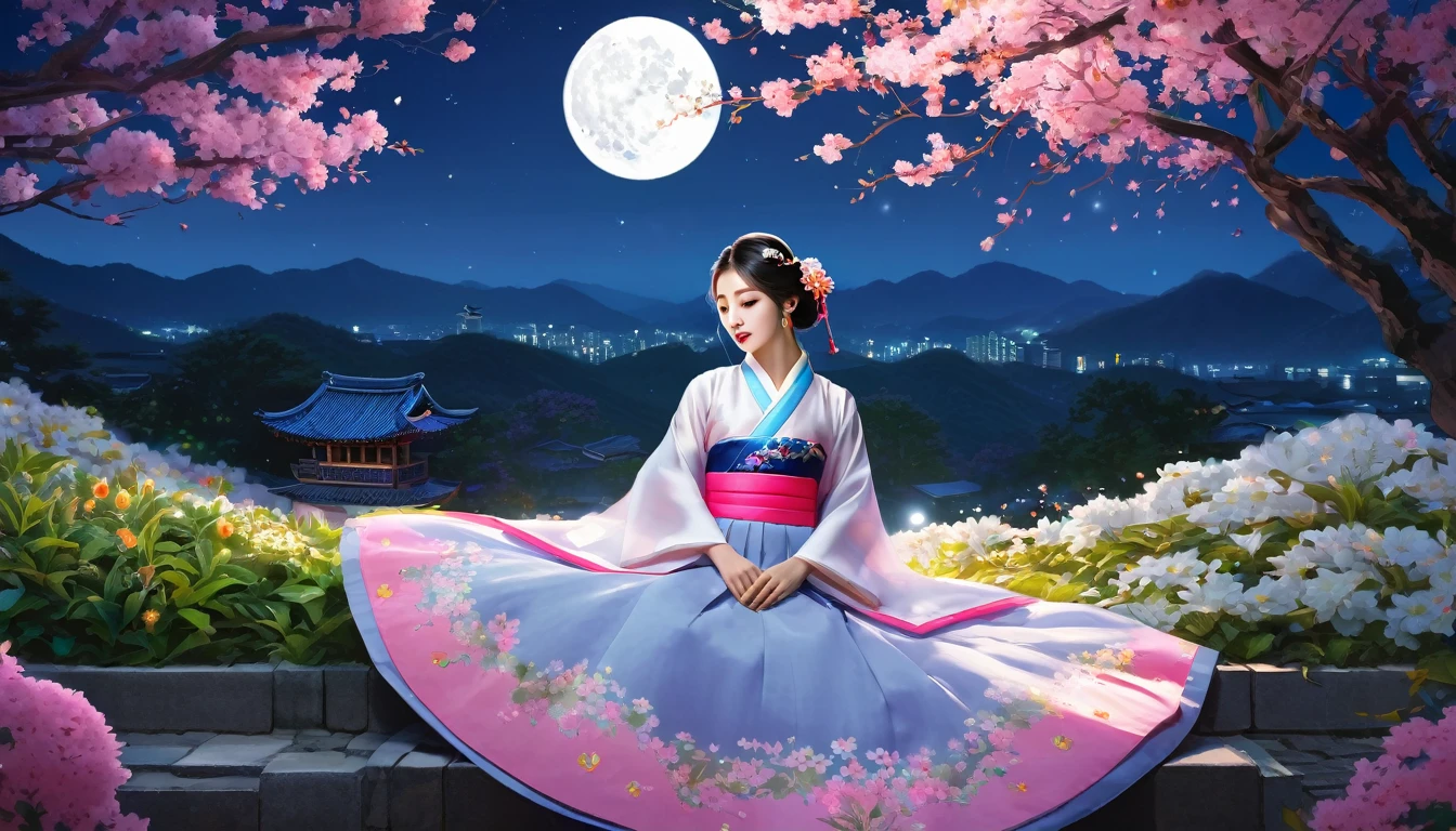 Highest quality, expensive_solve, clear_image, Detailed Background ,girl, Hanbok,flower,garden,moon, night,