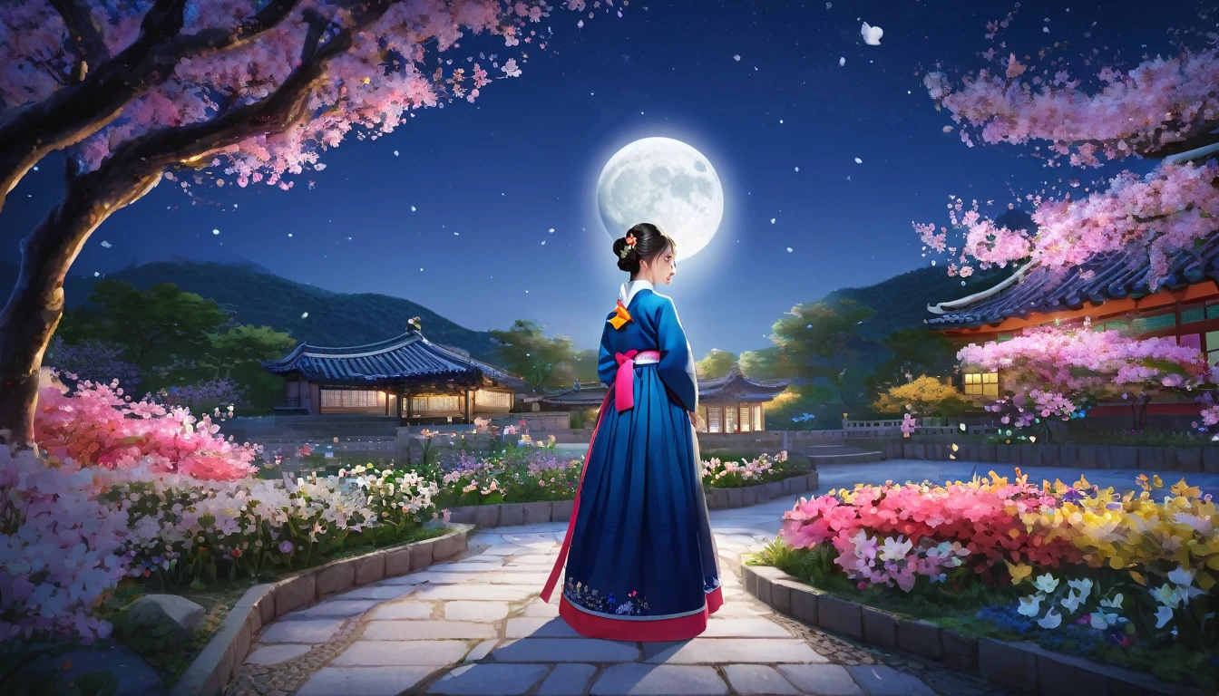 Highest quality, expensive_solve, clear_image, Detailed Background ,girl, Hanbok,flower,garden,moon, night,