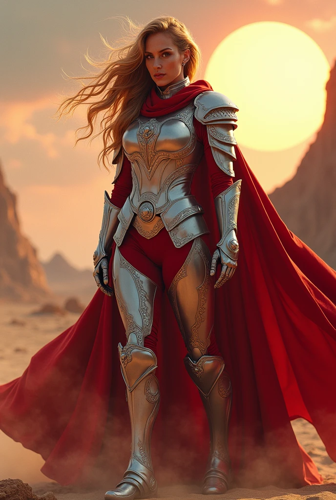 Illustrate actress Julia Roberts as a Dungeons and Dragons paladin, without helmet, silver and red power armor, red and magical cape, detailed face of Julia Roberts, in a sandy region with two suns shining in the sky in the background. 8k realistic