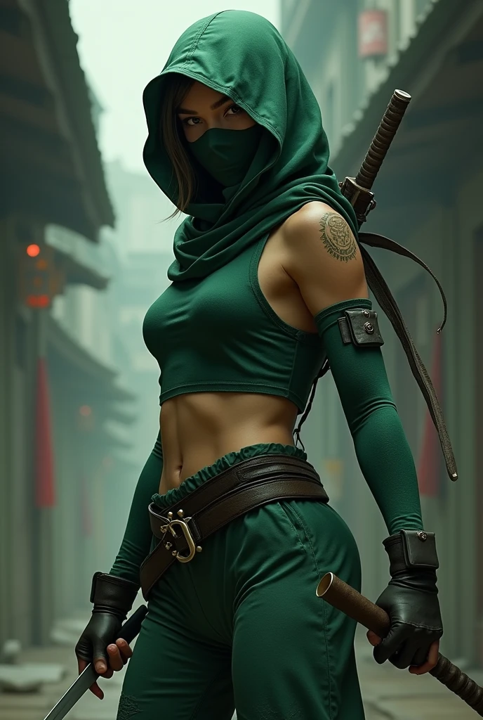 female character with short green clothes with her well-defined body and carrying her ninja weapons while hiding her identity with a persona mask over her eyes
