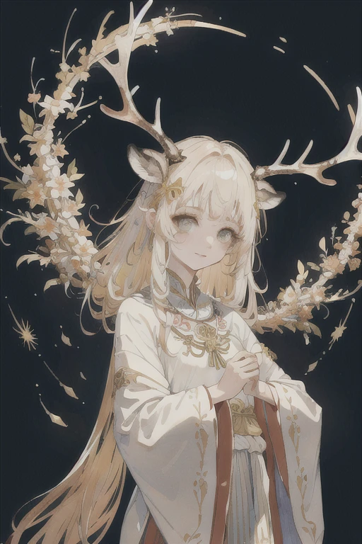 ((masterpiece)),((best quality)),8k,high detailed,ultra-detailed,illustration,whimsical,1girl,long hair,ram horns,serene expression,decorated antlers,close up,minimal background,golden lighting,warm color palette,capturing a vision of innocence and mysticism,