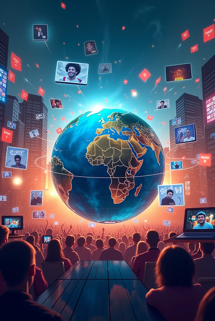 Create a vibrant image with a stylized globe in the center, surrounded by live streaming icons and radio waves. Include protest visuals, dynamically integrated events and entertainment. Use a technological color palette (cerulean, Unripe, orange) and highlight the title [GOD LIVE] with a catchy slogan like “Real-Time Coverage”.