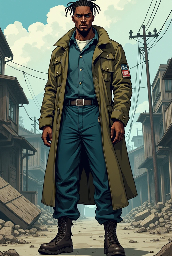 Full body black man in manhwa style, hair with nago braids, no beard and blue eyes. Wears a postman&#39;s uniform underneath a military coat. The background is post apocalypse 
