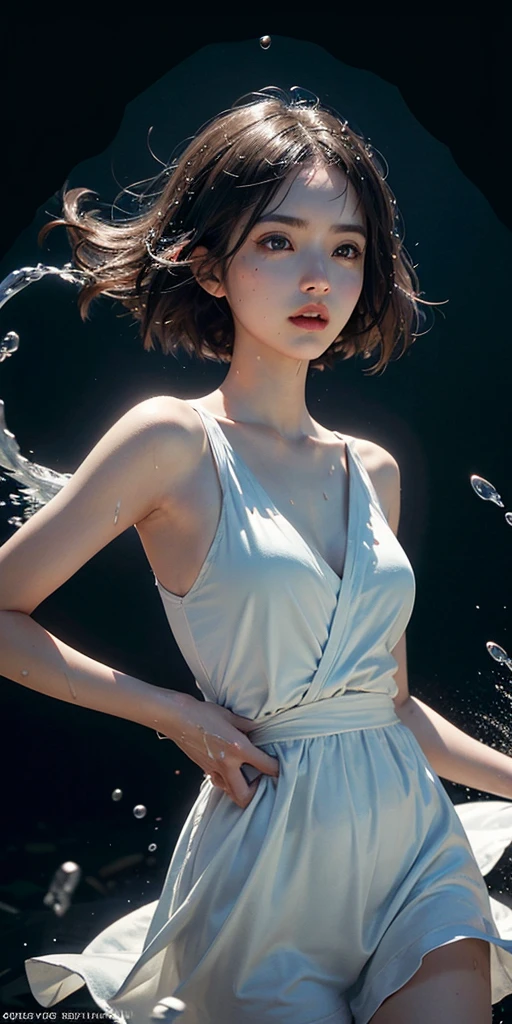 ultra high resolution, ((masterpiece))), (((best quality))), ((super detailed)), ((extremely delicate and beautiful)),cinematic light, detailed environment(real), motion blur, depth of field, Black background 1 girl,solo, (splashing:1.3),Beautiful facial details,Are thin,Cinematic realism,