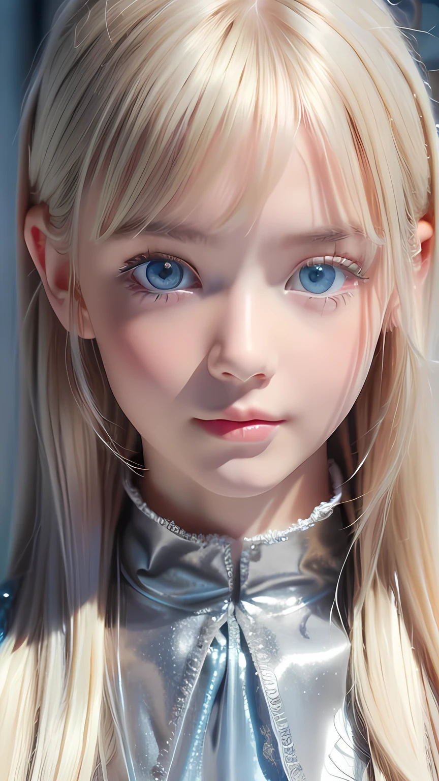 Highest quality、8K masterpiece、Ultra-high resolution、(Realistic:1.3)、RAW Photos、 Scandinavian girl with shiny blonde hair、Silvery blonde hair、Super long straight hair、Bangs between the eyes、Bangs that fall over the eyes、Bangs over one eye、Bangs between the eyes、White and glowing skin、1. Cyberpunk Super Beautiful Soldier、((Ultra-Realistic Details))、Portraiture、Global Illumination、Shadow Realm、Octane Rendering、8k、Ultra Sharp、metals、Cool colors、、Very intricate details、Realistic Light、Trends of the CG Association、Very beautiful big bright blue eyes、Very big eyes、Eyes shining at the camera、Neon Details、Small Face Beauty、Round face、Highlights of cheek luster、eyeliner