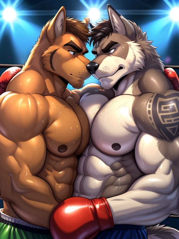 Duo male(Brown Dog fighting Gray wolf), handsomes(handsome hairstyle, Thick eyebrows, detailed face), gay(Lying down, cuddling embraced, face to face, body with body), hot(Shirtless), handsomes(They are handsomes, correct anatomy), musculosos(Big muscle bodies, Six packs, muscle abs, big pecs), sweaty(very sweaty wet bodies, shiny sweat), tatuajes(they have tattoos), grumpy(Both have an grumpy expression, showing grumpy teeths, steaming breath), boxing gloves(They both are wearing boxing gloves), Hight resolution, by(Zourik:1.1)