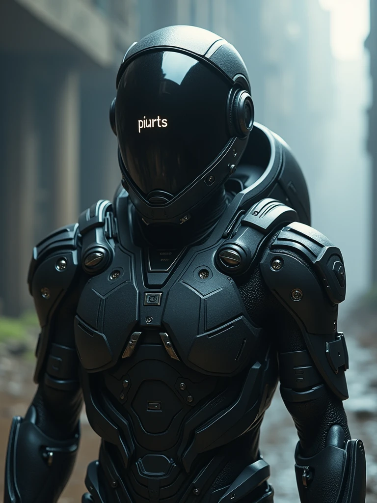 ((Male)) A black and metallic space suit with a solid visor display lethers “PIVARTS”, highly detailed, hyper realistic, cinematic lighting, volumetric fog, dramatic shadows, intricate mechanical details, complex textures, sleek futuristic design, cinematic composition, HDR, 8K