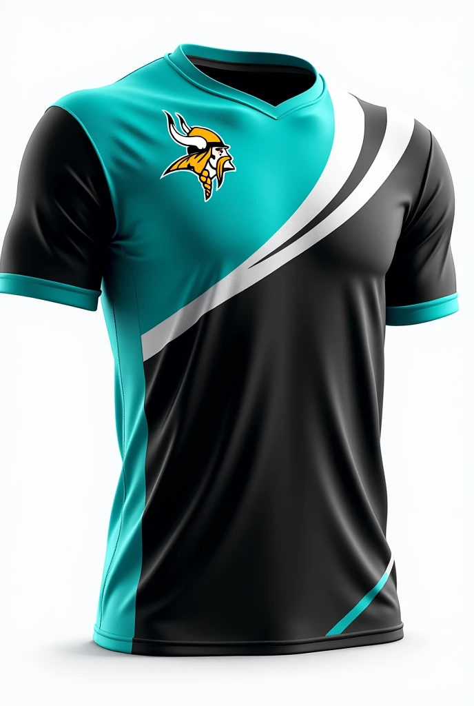 Black turquoise and white short sleeve volleyball uniform with Vikings logo