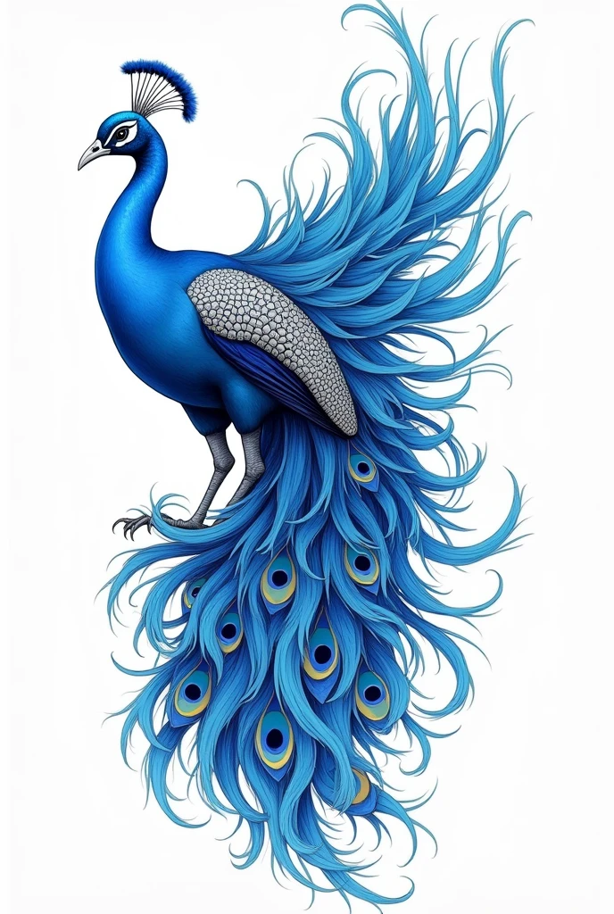 Blue peacock drawing from the side , com as asas abertas, in tattoo format with fine and bold lines, colorful eye-shaped feathers