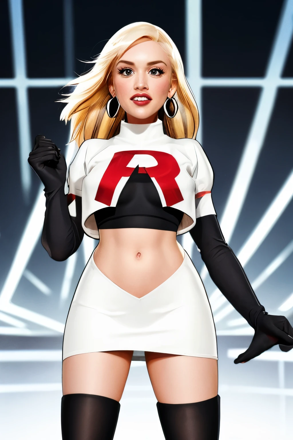 The face of Gwen stefani, 1girl, solo, team rocket,team rocket uniform,white skirt,red letter R,crop top,black thigh-highs,black elbow gloves, earrings, large breasts,