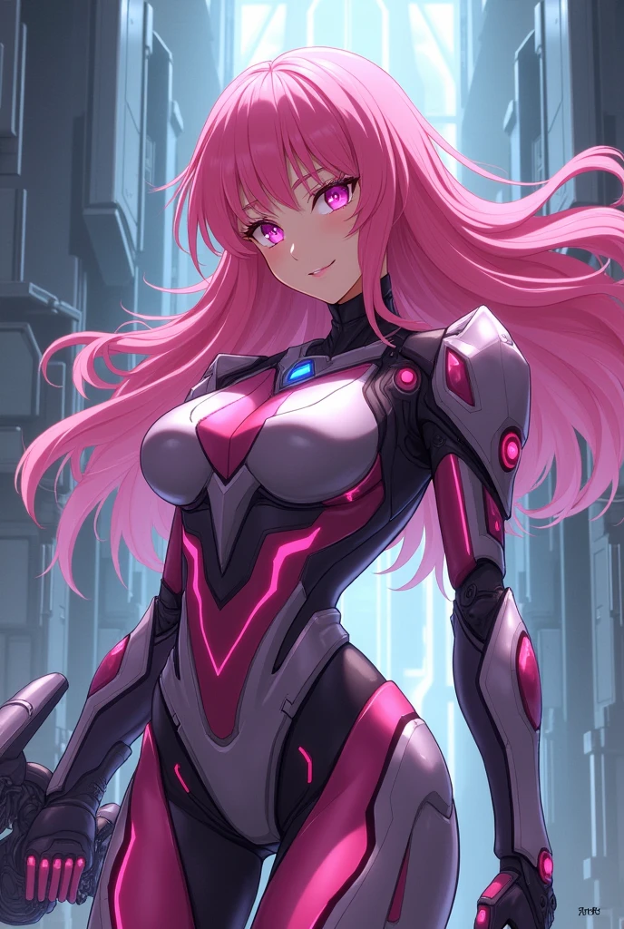 Create an anime character with these characteristics, She is a young girl. She has long pink hair and her eyes are also pink.. she has big breasts. Belongs to the Autobots Elite Guard