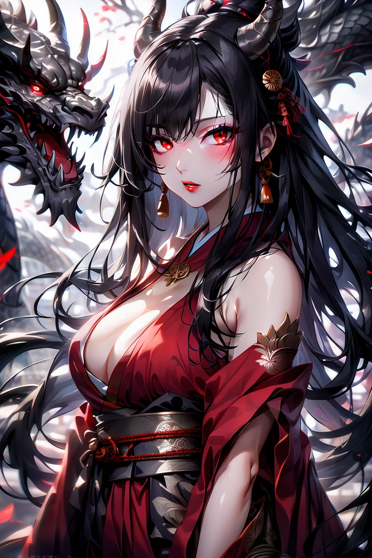 A girl with long loose black hair, crimson red eyes. Deep red lipstick, red eye shadow , very big breasts demon, geisha clothes , big breasts, ((arms behind back)), dragon, portrait, close up, big eyes, ulzzang, sparkling eyes, 