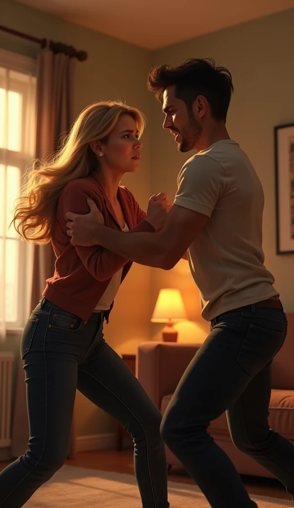 An angry handsome young man pushing his blonde wife away in anger at home, at evening, pixar style, cinematic, masterpiece, high-aesthetic, portrait  