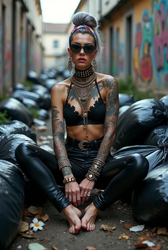 russian milf woman,  grey hair (bouffant, top bun) and oversized square sunglasses and wide  colourful bandana as headband, with very light green eyes, extremely pale. Big lips.  Black lace push up bra, silicone breast,, tight skinny  black low rise leather jeans. Barefoot. Lots of thick wide studded bracelets, chain necklaces and big rings,. Two loose studded belts. Long earrings with chains and feathers. Sitting on a pile of huge black plastic bags, sinking in them, separated legs, forearms on knees. Neck, chest, stomach and wrists heavily tattoed.  Toned abdominals, thin neck, slim legs and thin arms. Narrow hips. Full body. At a dead end street with graffitied walls, ground littered with waste . Some nuns get close, scandalised. Full body, seen from above 