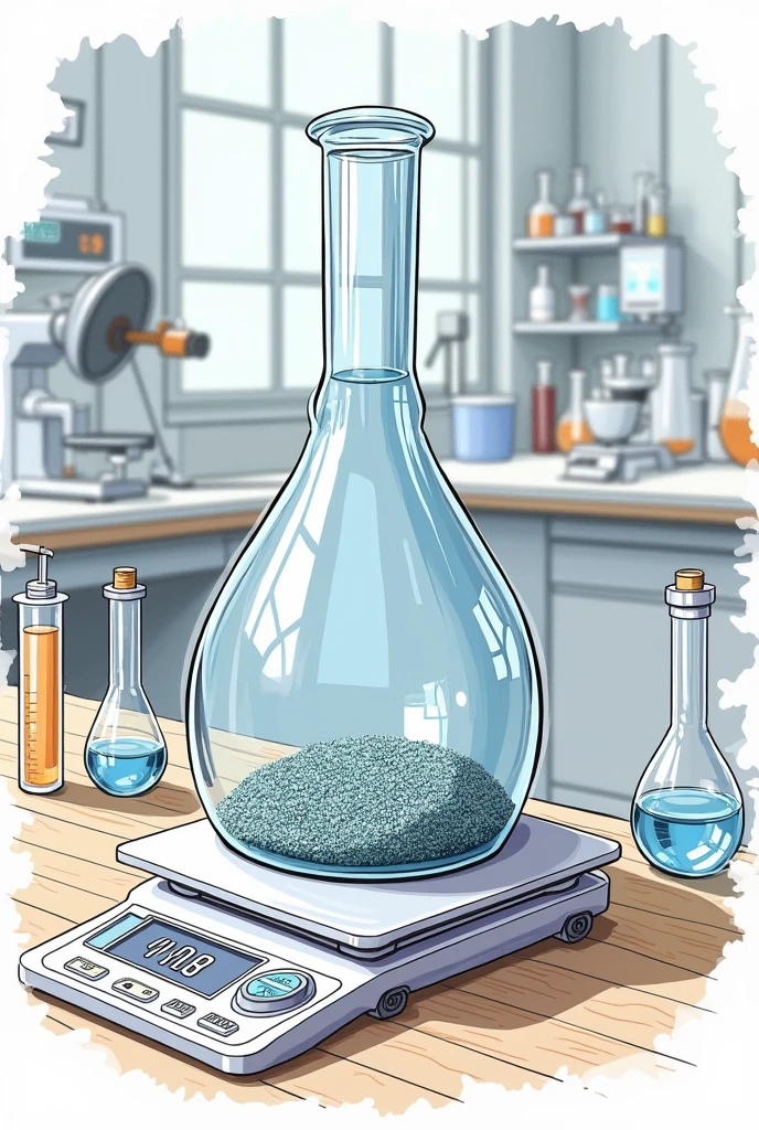 Give me an image of a laboratory setup where a pycnometer is measured on a granular scale in the form of a drawing 