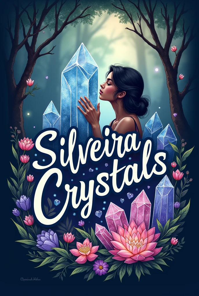 commercial logo with the name Silveira Crsytals written with drawings in crests and quartz and hearts and with a woman kissing one of the crystals little bit of nature like trees and plants with a magical background with colorful colors