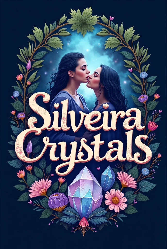 commercial logo with the name Silveira Crsytals written with drawings in crests and quartz and hearts and with a woman kissing one of the crystals little bit of nature like trees and plants with a magical background with colorful colors