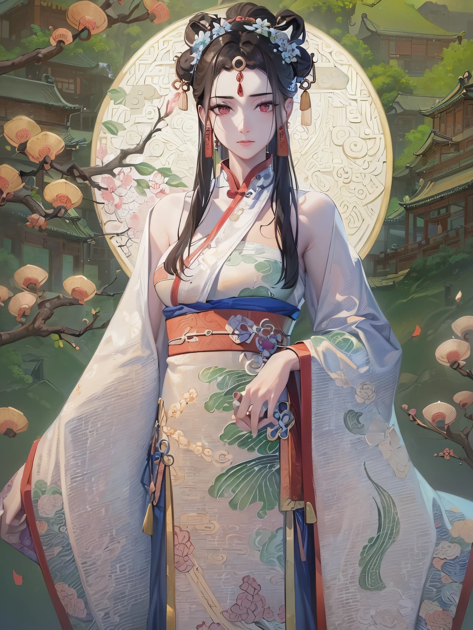 ((Highest quality)),(Ultra-high resolution),(Super detailed),(Detailed Description),((The best CG)),(masterpiece),Highly detailed art,(Art with precise detail:1.5), (Paintings inspired by ancient China:1.6), (Standing Woman:1.5, Beautiful and well-proportioned face:1.3, light makeup),(China dress:1.4, Embroidery inspired by nature:1.3),Fine ornaments, stream,breeze,Sunlight filtering through the trees