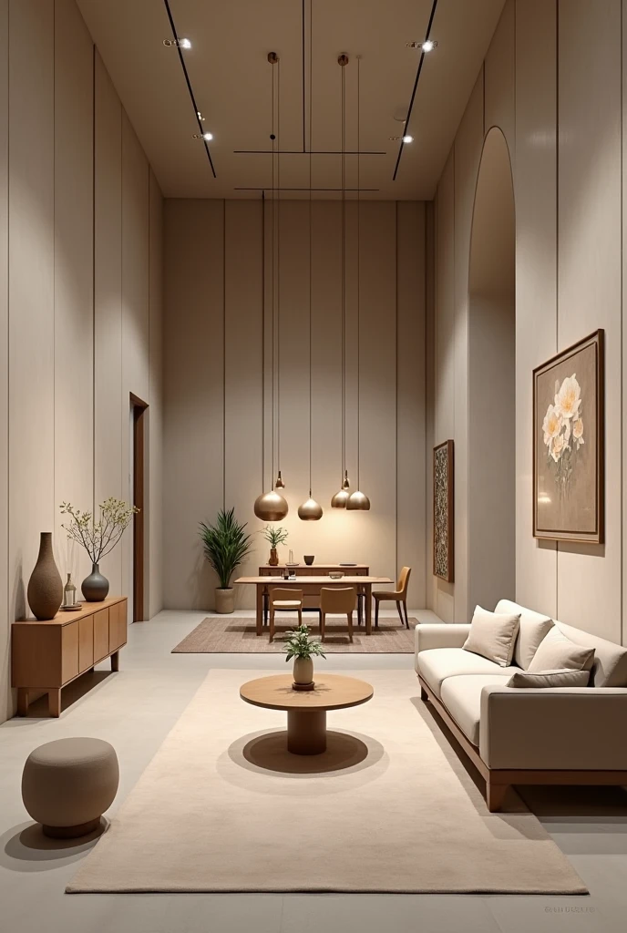 Make a showroom for selling furniture and architecture , Put eye-catching accessories and neutral colors , with floor-to-ceiling wall panels and pendant lights , expressing the subtlety of a home so that customers can acquire them